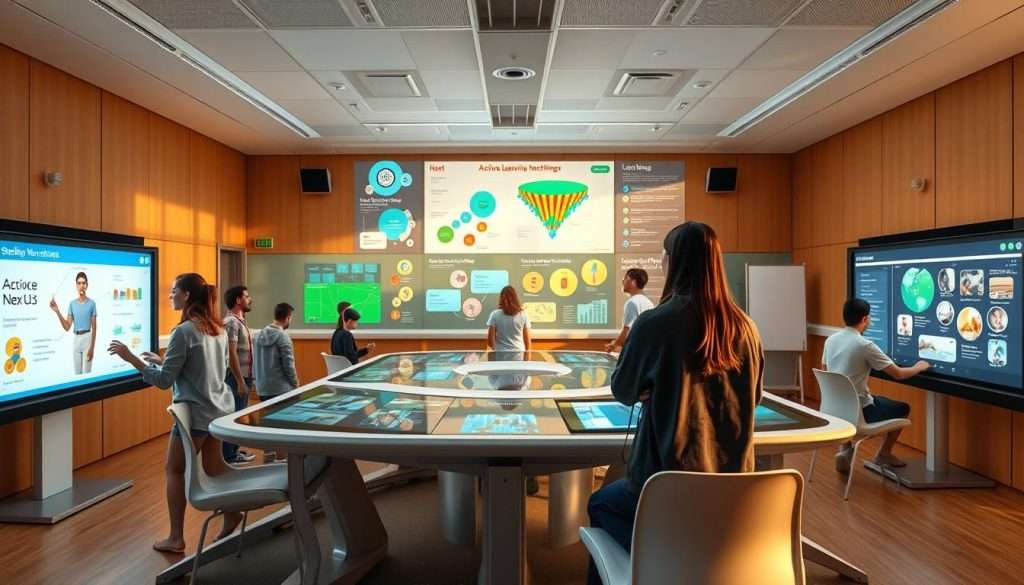A brightly lit classroom with interactive Studying Machine displays showcasing various learning techniques. In the foreground, students enthusiastically engage with touchscreen interfaces, exploring digital simulations and collaborative activities. The middle ground features sleek, futuristic desks arranged in a dynamic, collaborative layout. The background is filled with vibrant, colorful visualizations and infographics, highlighting the diverse range of active learning methods available. Warm, natural lighting floods the space, creating an inviting and energetic atmosphere conducive to active, technology-driven learning.