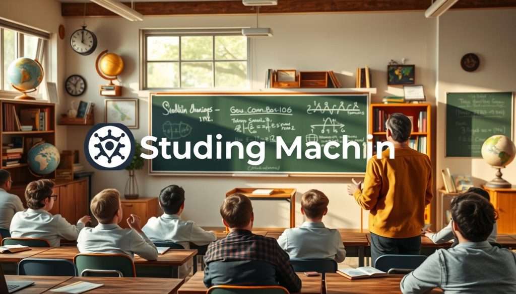 A classroom setting with the Studying Machine brand logo prominently displayed. In the foreground, a teacher stands at a chalkboard, explaining a concept using the Feynman Technique, gesturing with their hands. Students in the middle ground are actively engaged, taking notes and asking questions. The background features various educational props like globes, bookshelves, and a large window letting in natural light, creating a warm, inspirational atmosphere. The scene is rendered in a detailed, photorealistic style with a slight soft focus, emphasizing the educational subject matter.