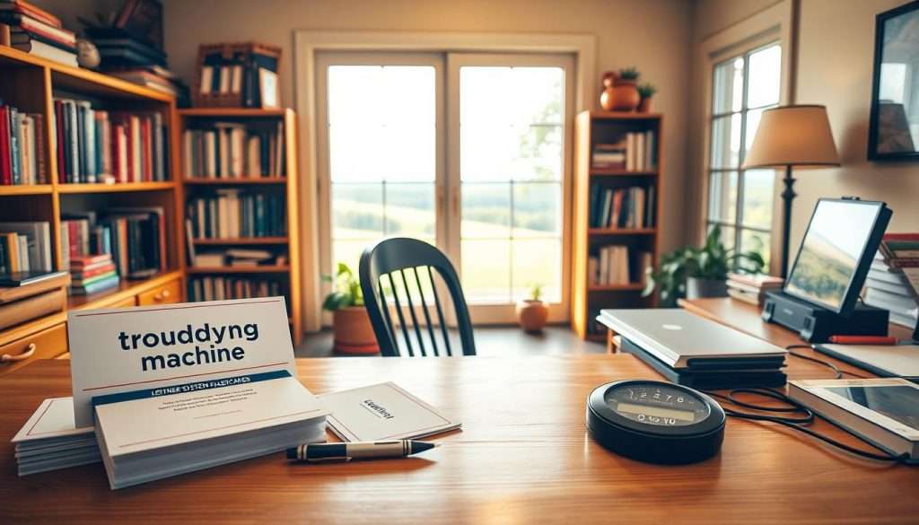 A cozy home study with a wooden desk, warm lighting, and the "Studying Machine" brand prominently displayed. In the foreground, neatly organized Leitner system flashcards, a pen, and a timer. The middle ground features a bookshelf filled with educational materials, while the background showcases a large window overlooking a serene, natural landscape. The scene conveys a sense of focused productivity and a well-structured daily learning routine.
