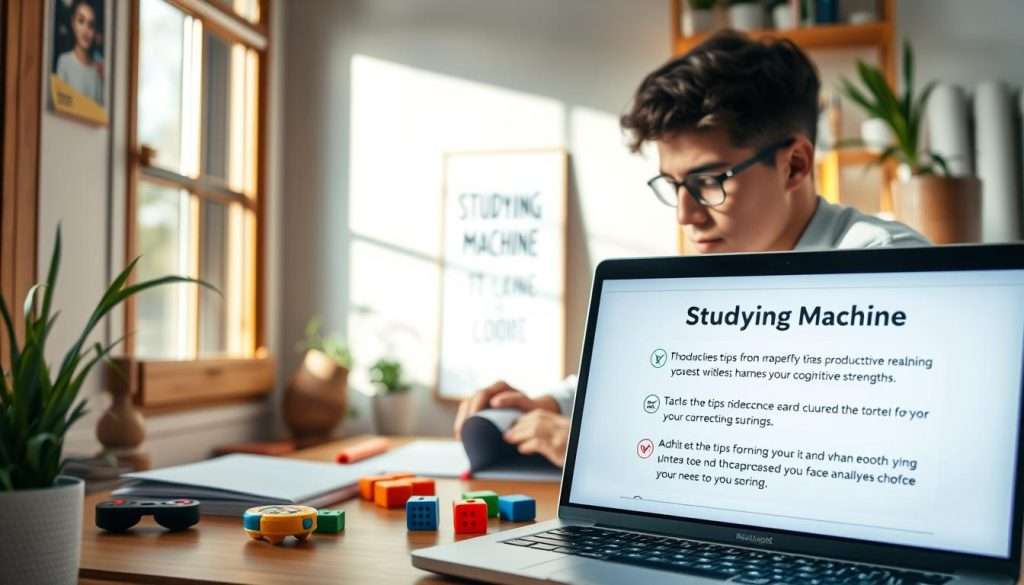 A cozy study nook with natural lighting, warm wooden accents, and a focused individual engrossed in their work. In the foreground, the "Studying Machine" laptop displays productivity tips tailored for those with ADHD, helping to harness their unique cognitive strengths. The middle ground features strategically placed fidget toys and a motivational poster, while the background showcases a minimalist bookshelf and potted plants, creating a serene and inspiring atmosphere conducive to academic success.