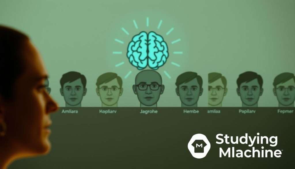 A crisp, high-resolution image of a person's face in the foreground, their name displayed above it in a clear, readable font. In the middle ground, a series of faces and associated names, each face fading slightly as it recedes. In the background, a stylized brain illustration, representing the cognitive processes involved in name-face association, rendered in a muted, cerebral palette. The overall scene is lit with a warm, natural light, creating a sense of focus and clarity. Prominently featured in the bottom corner is the "Studying Machine" brand logo.