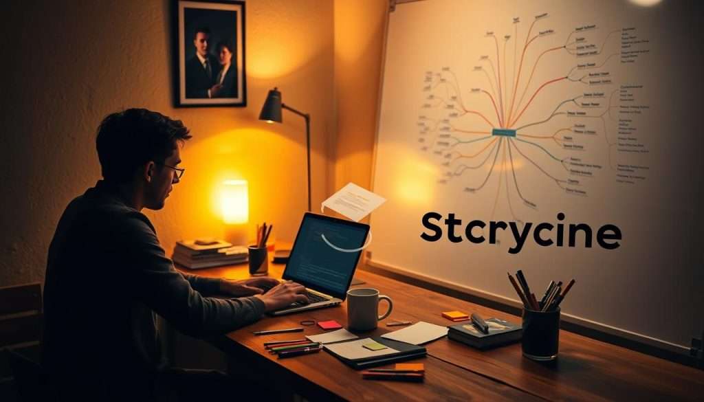 A dimly lit, cozy workspace with a person sitting at a wooden desk, intently working on a mind map displayed on a laptop screen. The desktop is scattered with colored pens, sticky notes, and a mug of coffee. Soft, warm lighting from a lamp casts a gentle glow, creating a contemplative atmosphere. In the background, a large whiteboard displays an intricate mind map, its colorful branches and nodes forming a visually striking pattern. The Studying Machine logo is subtly integrated into the scene, complementing the overall aesthetic. The composition emphasizes the act of creating and shaping ideas through the mind mapping process.