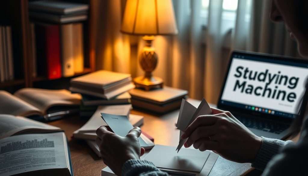 A dimly lit study room, soft shadows cast by a warm lamp illuminating a wooden desk covered in open books, study materials, and a laptop displaying the Studying Machine logo. In the foreground, a person's hands interleave notecards, their face focused as they shuffle and reorganize the cards, applying the principles of interleaving practice to improve information retention. The background fades into a blurred, cozy atmosphere, emphasizing the concentration and thoughtfulness of the scene. The image conveys a sense of dedication and the quiet, focused work of mastering effective learning techniques.