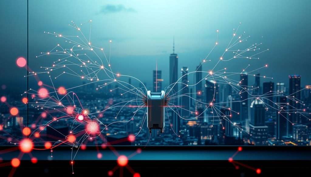 A dynamic digital mind map unfolds against a sleek, futuristic backdrop. In the foreground, intricate nodes and connections pulse with vibrant colors, representing the flow of ideas and insights. The middle ground features a Studying Machine, its metallic form seamlessly integrating with the digital landscape, symbolizing the harmonious fusion of technology and cognition. In the distance, a cityscape of towering skyscrapers and glowing skylines sets the stage, conveying a sense of innovation and progress. Soft, directional lighting casts subtle shadows, adding depth and dimension to the scene. The overall atmosphere exudes a sense of innovation, creativity, and the transformative power of digital mind mapping.