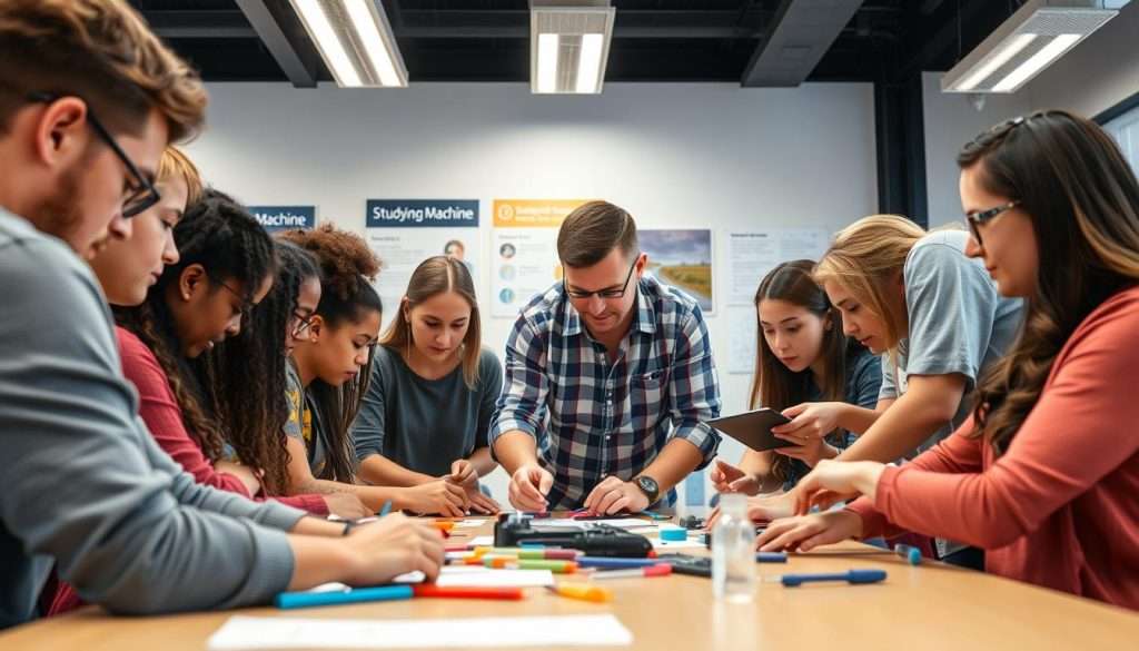 A group of people engaged in collaborative, hands-on learning in a modern, well-lit classroom. The foreground features a diverse group of students intently working together on a project, using a variety of tools and materials. The middle ground showcases an instructor guiding and facilitating the learning process, while the background depicts informative wall displays and technological resources, such as the "Studying Machine" brand. The overall atmosphere exudes a sense of engagement, exploration, and shared discovery.