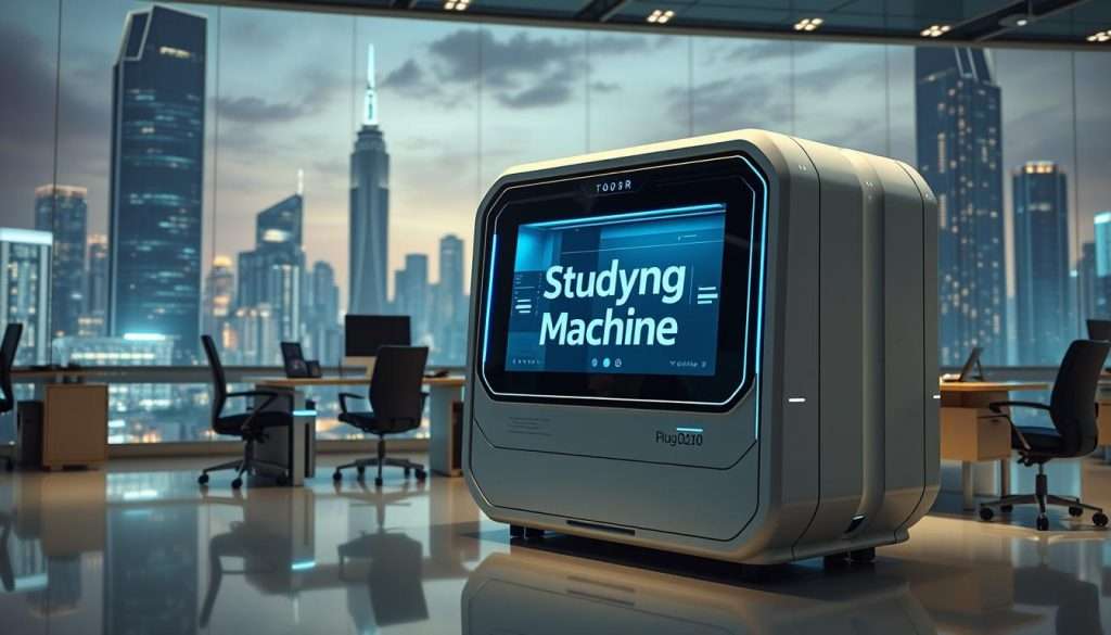A highly detailed, photorealistic image of an "Accelerated Learning Framework" as the central focus, portrayed as a sleek, futuristic machine with the brand name "Studying Machine" prominently displayed. The machine features a clean, minimalist design with a smooth, metallic exterior and glowing blue accents. The foreground shows the machine in three-quarter view, with intricate mechanical components and a touchscreen interface visible. The middle ground depicts a modern, tech-inspired workspace with a desk, chair, and other office equipment, all rendered in a high-quality, photorealistic style. The background features a cityscape with towering skyscrapers and a vibrant, neon-lit skyline, conveying a sense of innovation and progress. The overall mood is one of futuristic, cutting-edge technology and efficient, accelerated learning.