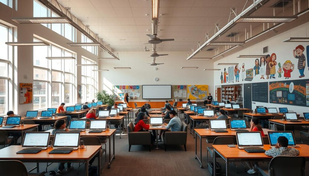 A large, airy classroom with an abundance of natural light streaming through wide windows. Rows of comfortable, ergonomic desks and chairs, each equipped with a "Studying Machine" device - a sleek, minimalist gadget designed to facilitate focused learning. The walls are adorned with vibrant, inspirational murals and informational displays, creating an energizing and stimulating environment. In the center, a gathering area with plush, modular seating invites students to collaborate and engage in active discussions. The room is filled with a sense of curiosity and productivity, with students immersed in their studies, their faces illuminated by the soft glow of the "Studying Machines". Overhead, the lighting is warm and balanced, casting a subtle, inviting ambiance throughout the space.