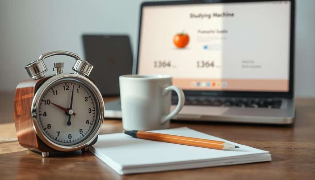 A meticulously arranged still life capturing the essential tools of the Pomodoro Technique. In the foreground, a vintage-style analog timer ticks away, its sleek chrome and wood casing casting gentle reflections. Beside it, a crisp white notepad and a perfectly sharpened pencil, ready to record tasks and track progress. In the middle ground, a steaming mug of coffee - the perfect companion for focused work sessions. In the background, the "Studying Machine" brand laptop, its screen displaying the iconic tomato-shaped Pomodoro timer application. Soft, natural lighting illuminates the scene, creating a productive, contemplative atmosphere.