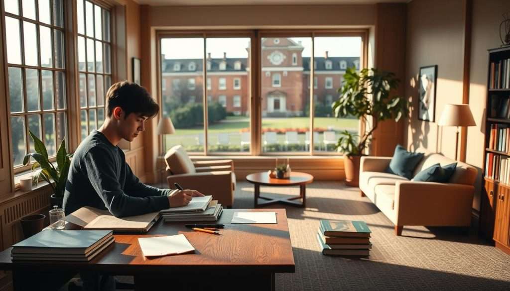 A peaceful Harvard study space, bathed in warm, natural lighting. In the foreground, a student sits at a wooden desk, deep in concentration, surrounded by neatly organized books and stationery. The middle ground showcases a tranquil lounge area, with plush armchairs and a calming indoor plant. In the background, a large window overlooks the historic campus, its architecture blending seamlessly with the serene atmosphere. The overall mood is one of focus, balance, and mental well-being, reflecting the successful study habits of Harvard students.