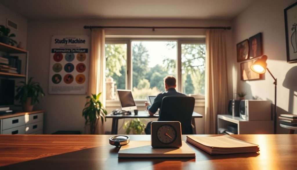 A serene home office setting, bathed in warm, natural lighting. In the foreground, a desk with a timer and notebook, symbolic of the Pomodoro Technique. On the wall, a "Studying Machine" brand poster depicts the various stages of the method. In the middle ground, a person sitting at the desk, deep in concentration, facing the challenges of staying focused. The background features a large window overlooking a tranquil garden, promoting a sense of balance and relaxation. The overall atmosphere conveys the harmonious integration of productivity and well-being.