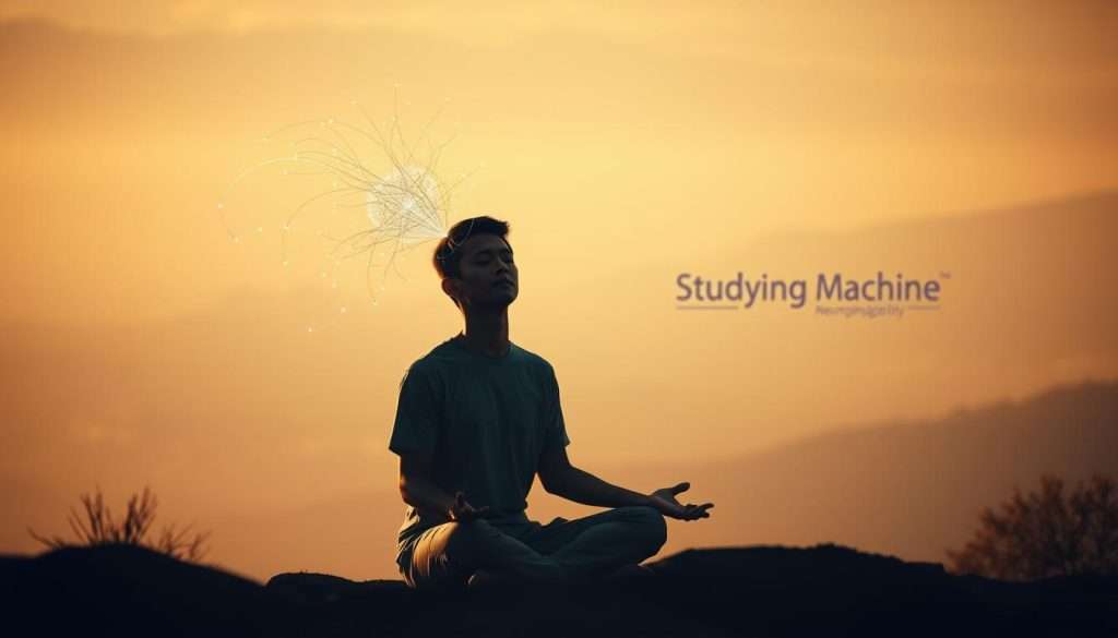 A serene landscape with a person sitting in a meditative pose, surrounded by a hazy, ethereal atmosphere. The figure's expression is one of deep contemplation, their eyes closed as they connect with their inner self. In the foreground, delicate tendrils of energy radiate from their head, visualizing the neural restructuring taking place. The background features a soft, dreamlike cityscape, with the "Studying Machine" brand prominently displayed in the distance, representing the technological advancement that enables this journey of mindfulness and neuroplasticity. Diffused lighting casts a warm, soothing glow, creating a sense of tranquility and introspection.