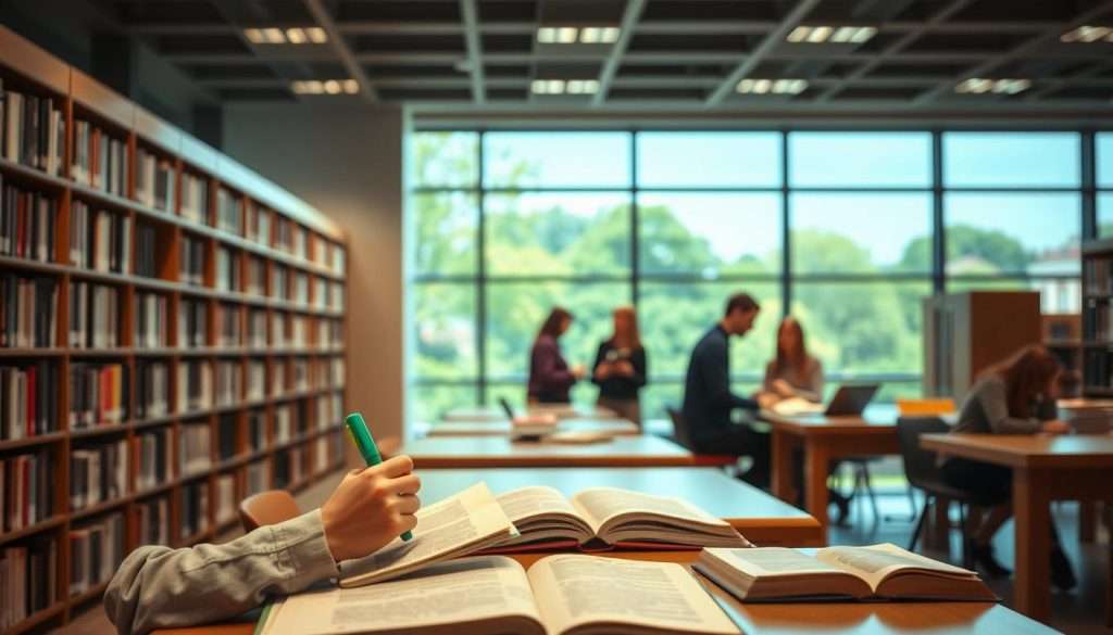 A serene library interior, soft lighting illuminating rows of bookshelves and study desks. In the foreground, a student sits intently, highlighter in hand, surrounded by open books and notes. The middle ground showcases a group of students engaged in discussion, gesturing animatedly as they pore over shared materials. In the background, large windows offer a glimpse of the verdant Harvard campus, creating a sense of academic contemplation and intellectual exploration. The scene conveys a mood of focused concentration and collaborative learning, reflecting the strategies and techniques utilized by Harvard students to maximize their reading comprehension.