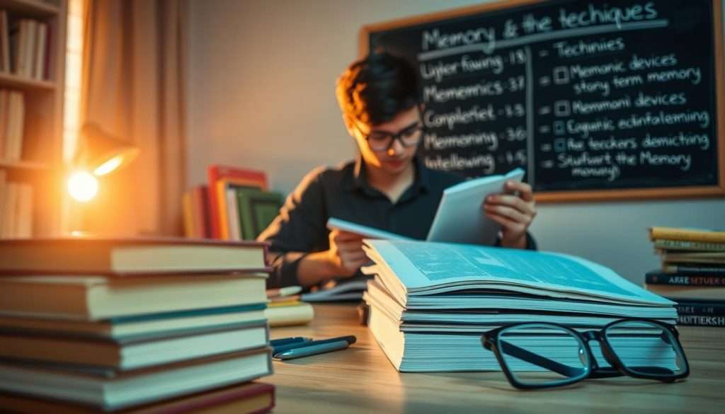A serene study space, bathed in warm, golden light. In the foreground, a stack of books and a pair of glasses, signifying the act of learning. The middle ground features a person intently reviewing notes, engaged in the process of spaced repetition to solidify long-term memory. In the background, a chalkboard or whiteboard displaying memory-enhancing techniques, such as mnemonic devices and interleaving. The overall atmosphere is one of focused concentration and intellectual growth, inviting the viewer to immerse themselves in the process of effective studying.