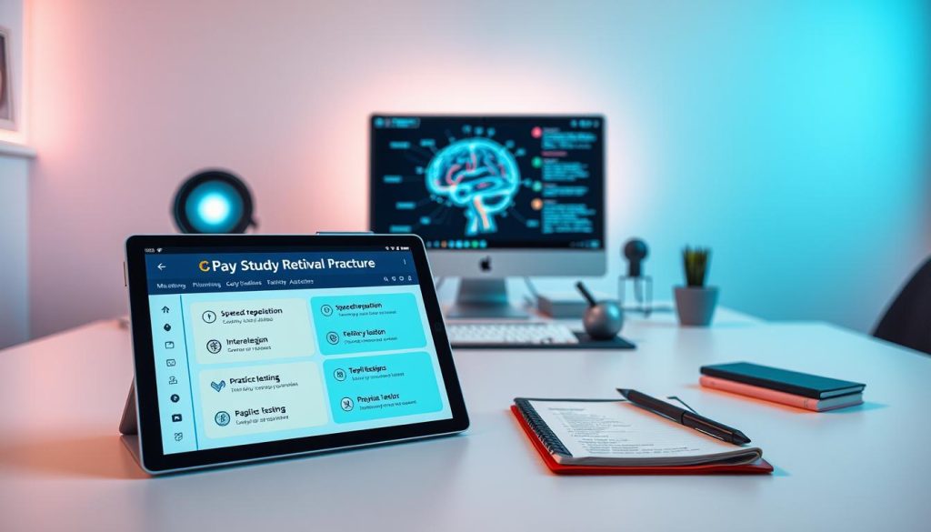 A sleek and modern digital workspace showcasing various tools for effective retrieval practice. In the foreground, a "Studying Machine" AI-powered software displays memory-boosting features like spaced repetition, interleaving, and practice testing. In the middle ground, a tablet and stylus enable handwritten note-taking and digital flashcards. The background features a minimalist setup with a clean, well-lit desk, a monitor displaying brain visualization, and subtle neon accents evoking a futuristic, technology-driven atmosphere. The overall mood is one of focused productivity and cognitive enhancement.