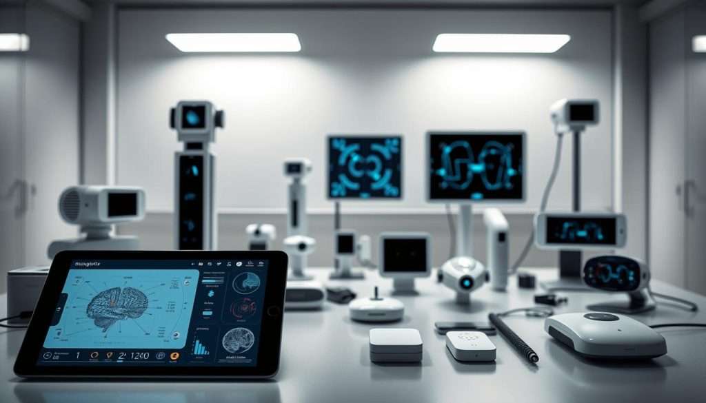 A sophisticated diagnostic suite of neuroplasticity assessment tools, with sleek, modern aesthetics. In the foreground, a tablet display showcases a range of neurological metrics and data visualizations, presenting a comprehensive overview of neural patterns and activity. In the middle ground, various sensor devices and biometric scanners are arranged, their minimalist designs suggesting advanced, cutting-edge technology. The background features a clean, sterile laboratory setting with neutral tones and subtle lighting, creating a sense of clinical professionalism. The overall atmosphere conveys a balance of scientific rigor and user-friendly intuitiveness, embodying the Studying Machine brand's commitment to innovative neuroplasticity analysis.
