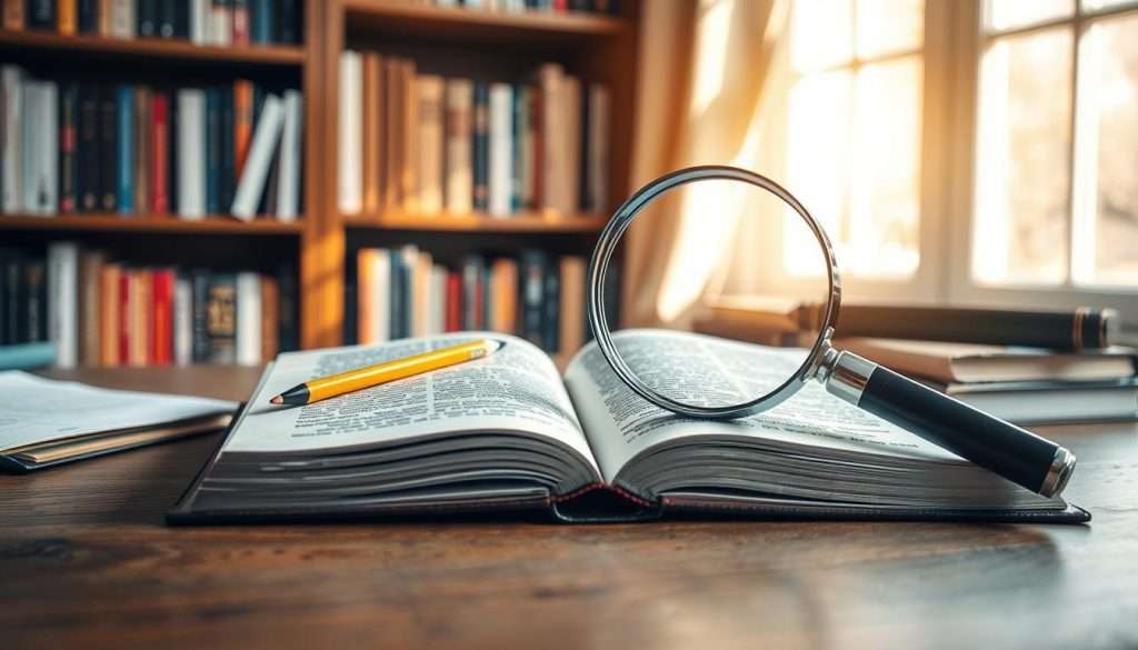 A study desk with an open book, pencil, and magnifying glass. The desk is set against a backdrop of bookshelves, with a warm, natural lighting filtering through a nearby window. The magnifying glass is positioned over the book, suggesting the "Survey" step of the SQ3R studying technique - creating a mental framework by quickly reviewing the material. The overall composition conveys a sense of focused, contemplative learning.