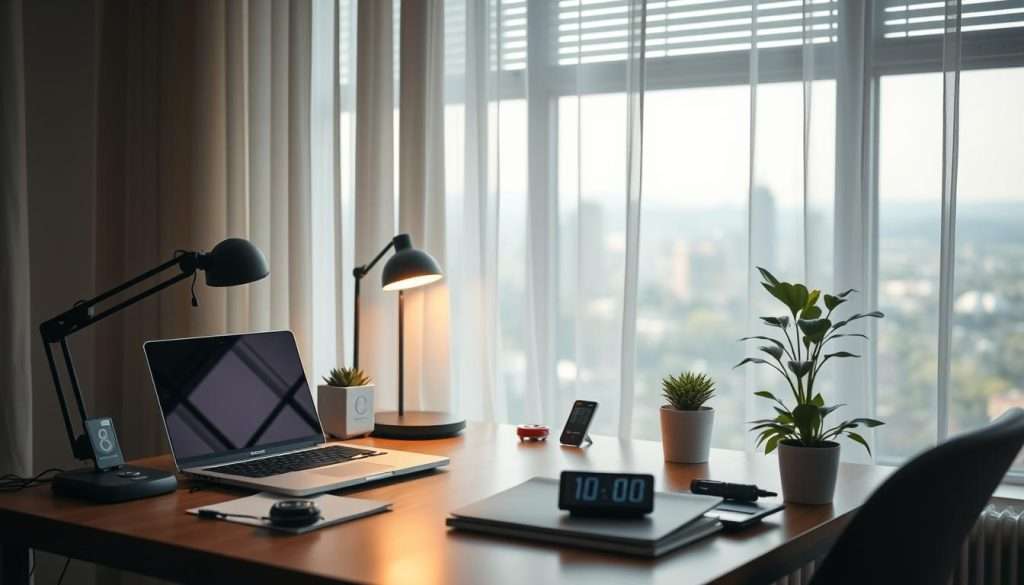 A tranquil study space with a "Studying Machine" desk setup, featuring a laptop, a cozy lamp, and various focus-boosting tools like a fidget spinner, a digital timer, and a plant. The room is bathed in soft, natural lighting filtering through sheer curtains, creating a serene and focused atmosphere. In the background, a blurred cityscape or peaceful natural landscape provides a calming backdrop. The composition emphasizes the tools and techniques that can help an individual with ADHD maintain concentration and overcome distractions while engaged in learning or work.