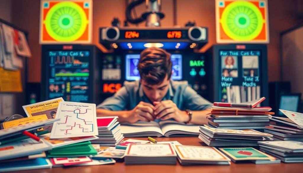 A vibrant and visually engaging scene depicting personalized mnemonic systems. In the foreground, an array of colorful memory devices and aids, such as mind maps, flashcards, and personalized mnemonics. In the middle ground, a person deeply immersed in their study, using these tools to commit information to memory. The background showcases a Studying Machine, a state-of-the-art technology that enhances and optimizes the mnemonic process. Warm lighting, soft focus, and a sense of focus and concentration permeate the image, conveying the power and importance of personalized mnemonic systems.