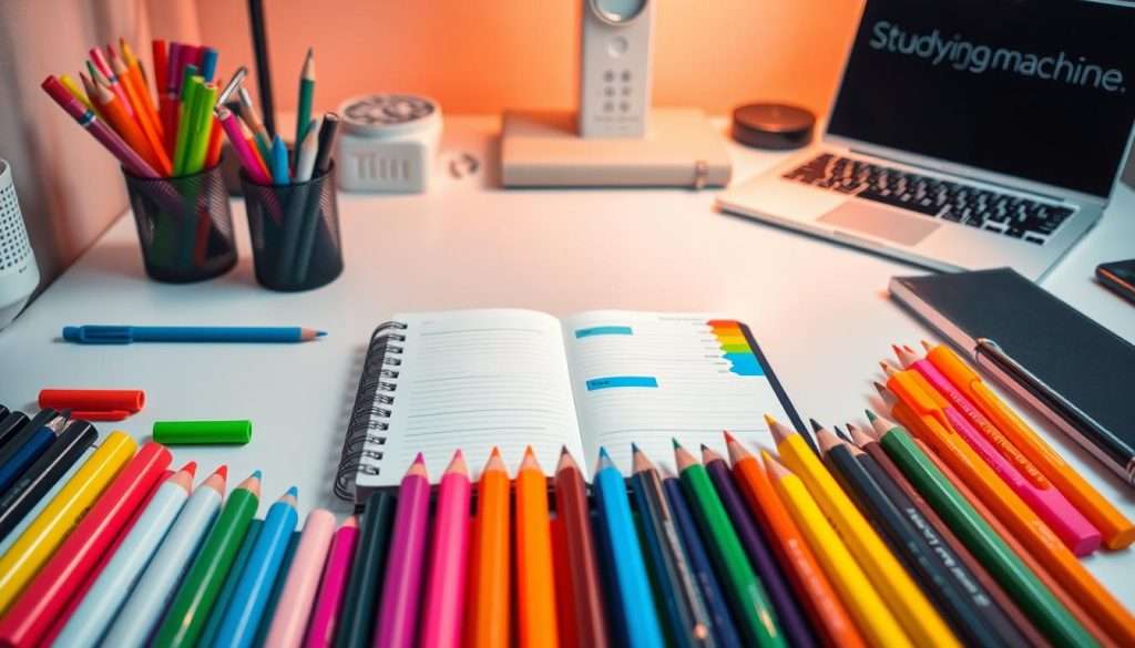 A vibrant, color-coded desk setup with a variety of stationery items neatly organized. In the foreground, an array of highlighters, pens, and colored pencils in a range of hues are arranged in a visually appealing pattern. The middle ground features a sleek, modern notebook with sections marked by colorful tabs, representing a personalized note-taking system. In the background, a minimalist white desk and a Studying Machine laptop provide a clean, organized workspace. Warm, directional lighting casts a soft glow, creating a focused and productive atmosphere.