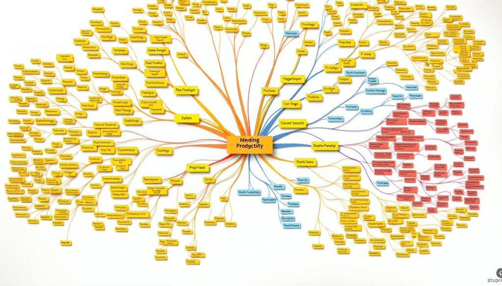 A vibrant mind map, color-coded to boost productivity. Layers of interconnected nodes sprawl across the frame, each hue denoting a distinct concept or idea. Warm yellows and oranges highlight key focal points, while cool blues and greens weave the connections between them. The layout is clean and organized, with a sense of depth and dimension achieved through strategic use of lighting and perspective. Studying Machine's logo discreetly adorns the bottom corner, complementing the overall aesthetic. The result is a visually striking and highly informative representation of advanced color-coded note-taking strategies.
