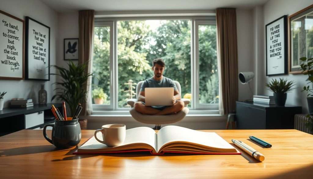 A well-lit, serene study space with a large window overlooking a lush, verdant garden. On the wooden desk, an open notebook, a steaming mug of tea, and a selection of stationery items - pens, highlighters, and sticky notes. The room is bathed in soft, natural light, creating a calming, focused atmosphere. In the middle ground, a person sits cross-legged on a plush, ergonomic chair, eyes fixed on their laptop screen, deep in thought. Framed inspirational quotes and motivational artwork adorn the walls, subtly encouraging productivity and mental wellbeing. The overall scene conveys a sense of balance, mindfulness, and efficiency, perfect for illustrating "Maintaining Physical and Mental Wellbeing" in the article "Become a Studying Machine: Tips to Boost Productivity."