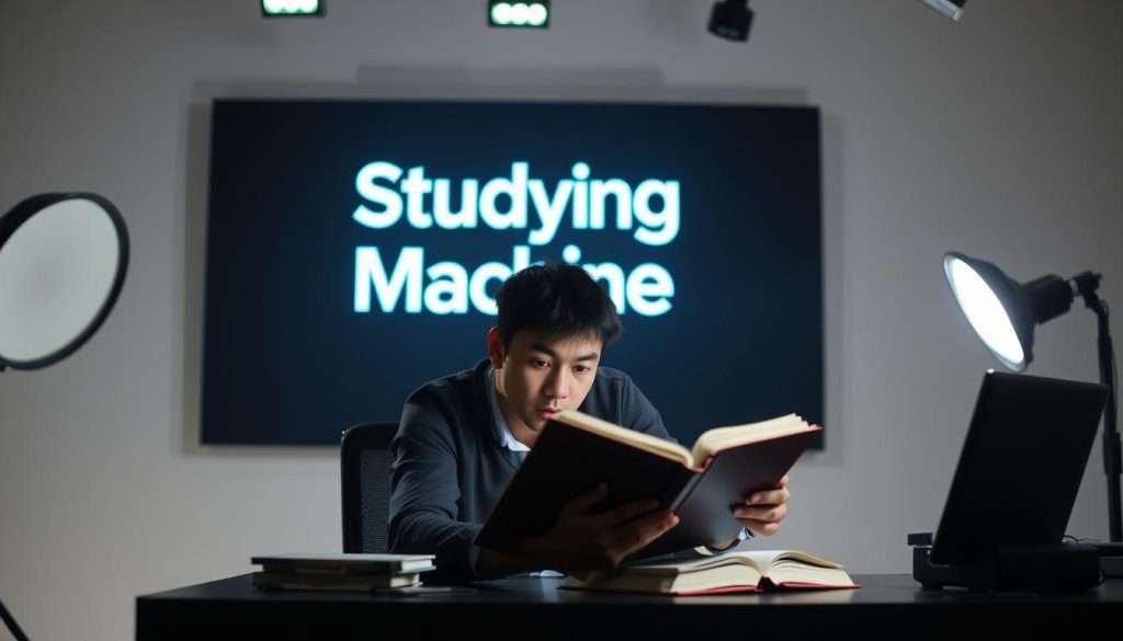 A well-lit studio setting, with a person sitting at a desk intently reading from a book. The background features a prominently displayed "Studying Machine" logo, conveying a sense of advanced technology and innovation. The lighting is soft and diffused, creating a focused and concentrated atmosphere. The person's posture and facial expression suggest deep engagement and rapid information processing. Subtle visual cues, such as a timer or a brain diagram, hint at the speed reading techniques being employed. The overall scene captures the essence of the "Speed Reading and Information Processing Methods" section, inspiring readers to explore accelerated learning approaches.