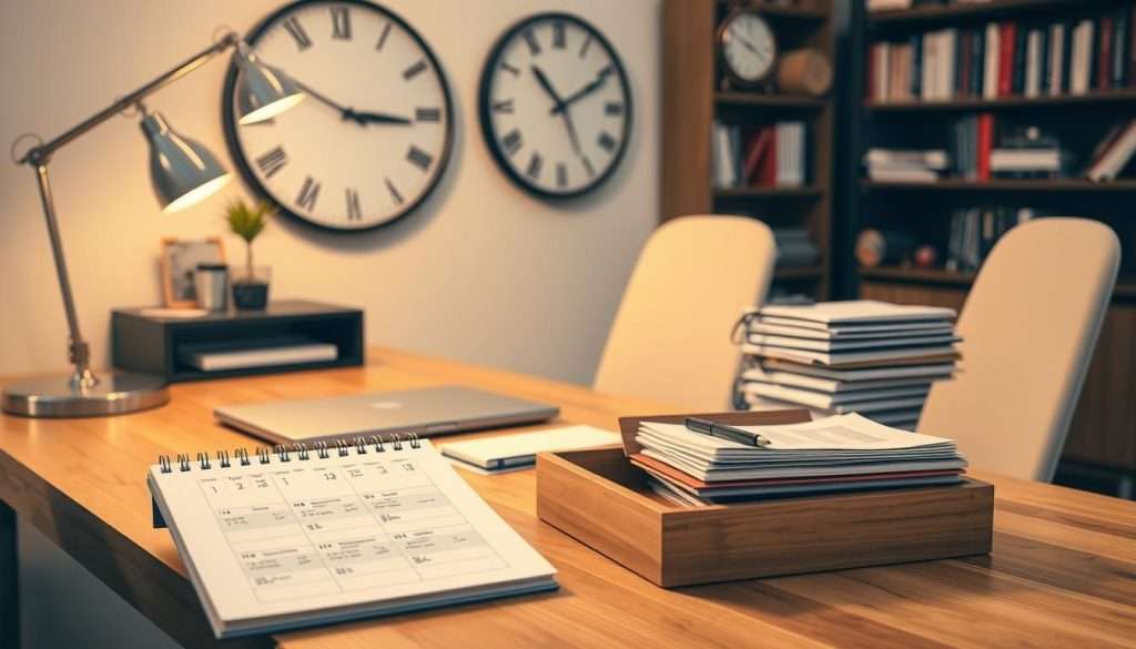 A well-organized home office with sleek wooden desk, stacked trays, and a minimalist desk lamp. A calendar, planner, and notebook in the foreground, conveying a sense of structured time management. In the background, a large wall clock and a strategically placed bookshelf filled with productivity-focused titles. The lighting is warm and focused, creating a cozy, focused atmosphere. The overall composition suggests a harmonious blend of efficiency, organization, and a thoughtful approach to time management.