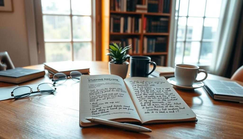 A workspace illuminated by natural light, with a wooden desk and a Studying Machine notebook open, displaying organized and legible handwritten notes. In the foreground, a pen rests beside the notebook, ready for further writing. The middle ground features a pair of reading glasses, a small potted plant, and a cup of coffee, creating a cozy and focused atmosphere. The background showcases a bookshelf filled with knowledge-packed tomes, hinting at the depth of the subject matter being explored. The overall scene conveys a sense of productivity, discipline, and a thoughtful approach to note-taking.