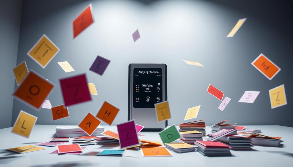 Leitner System challenges: a dynamic study setup with the Studying Machine. In the foreground, colorful flashcards representing different subjects float and swirl, signifying the flexibility of the system. In the middle ground, a sleek, metallic device labeled "Studying Machine" stands as the central component, its LED indicators pulsing with activity. The background depicts a minimalist, futuristic workspace, with clean lines and muted tones that create a focused, productive atmosphere. Soft, directional lighting casts dramatic shadows, emphasizing the interplay of the physical and digital elements. The overall scene conveys the power of the Leitner System to revolutionize and streamline the learning process.