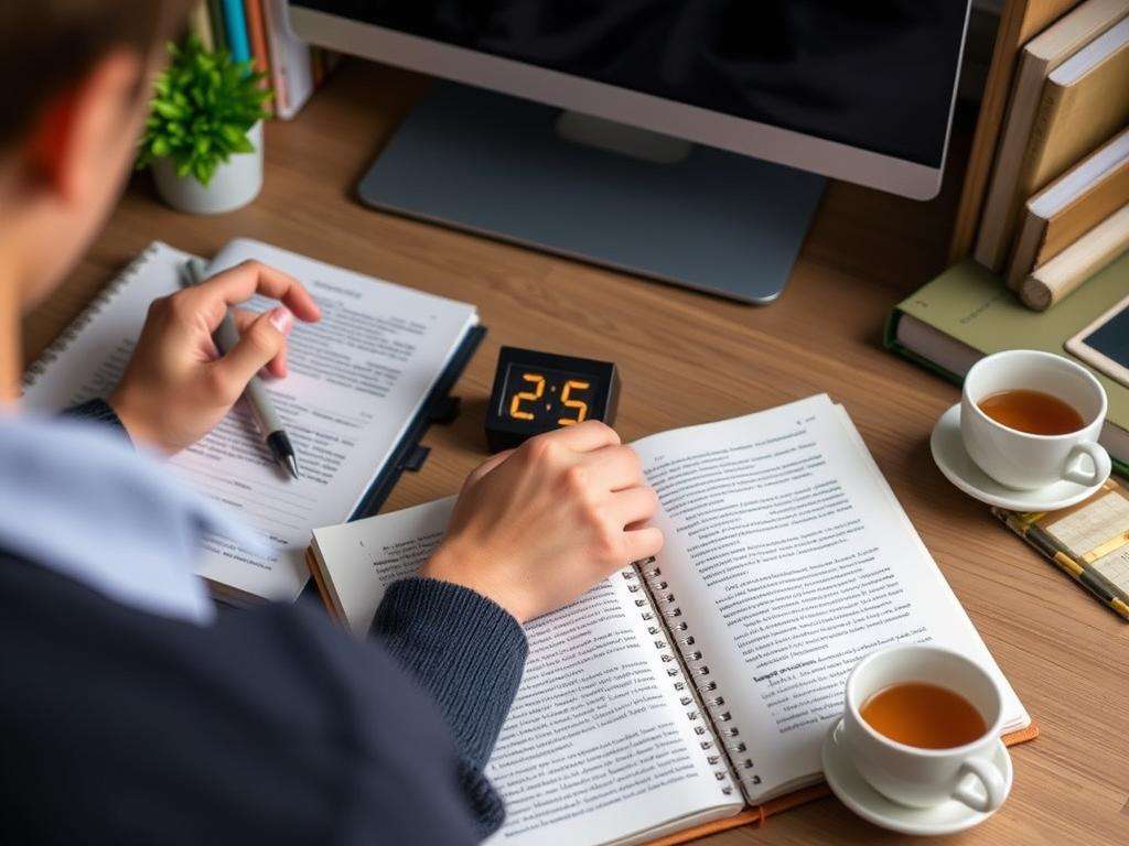 Person using Pomodoro Technique for learning like a pro with timer and organized study materials Person using Pomodoro Technique for learning like a pro with timer and organized study materials