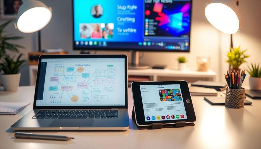 A bright, modern workspace filled with various digital tools for dual coding. In the foreground, a Studying Machine laptop displays a whiteboard with colorful diagrams and mind maps. Beside it, a tablet and stylus allow for seamless digital note-taking and sketching. In the middle ground, a smartphone showcases a dual-pane app with visual and textual information side-by-side. In the background, a large monitor displays a presentation with vibrant, visually-engaging content. Soft, directional lighting illuminates the scene, creating a productive, inspiring atmosphere for effective dual coding and learning.