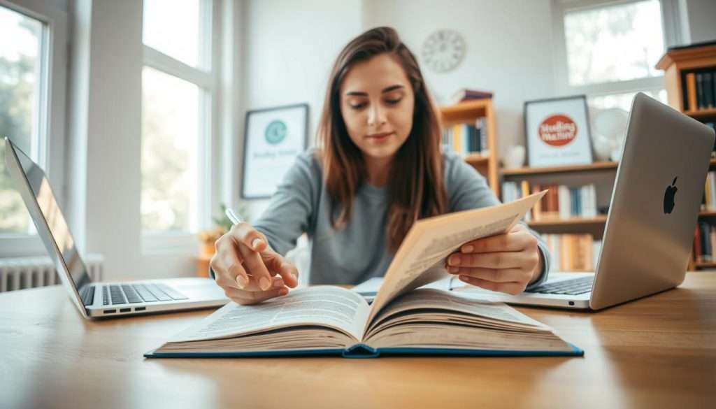 A bright, well-lit study space with a wooden desk, a laptop, and an open book. In the foreground, a person's hands are scanning through the pages, previewing the material. In the background, shelves of books and a framed "Studying Machine" logo adorn the walls. Soft natural light filters in through large windows, creating a calm, focused atmosphere. The angle is slightly elevated, capturing the person's engaged expression as they prepare to dive into the text.