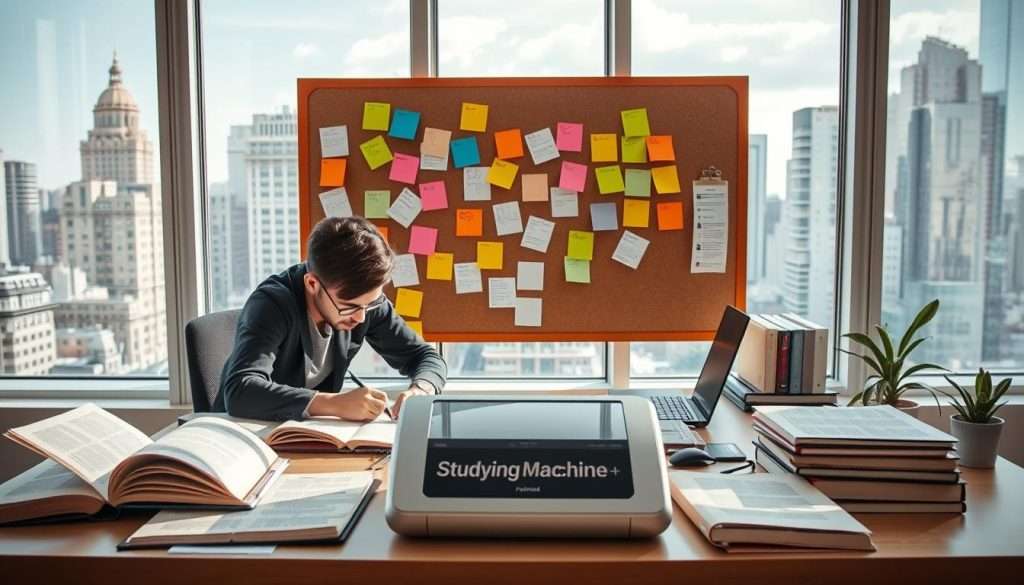 A bright, well-lit workspace with a person intently working at a desk, surrounded by open books, a laptop, and a "Studying Machine" device prominently displayed. In the middle ground, a bulletin board showcases colorful sticky notes and torn-off papers, hinting at the Zeigarnik effect in action. The background features a large window overlooking a bustling city, adding a sense of productivity and connection to the real world. The overall scene conveys a balance of focus, organization, and the practical application of the Zeigarnik effect to enhance memory and productivity.