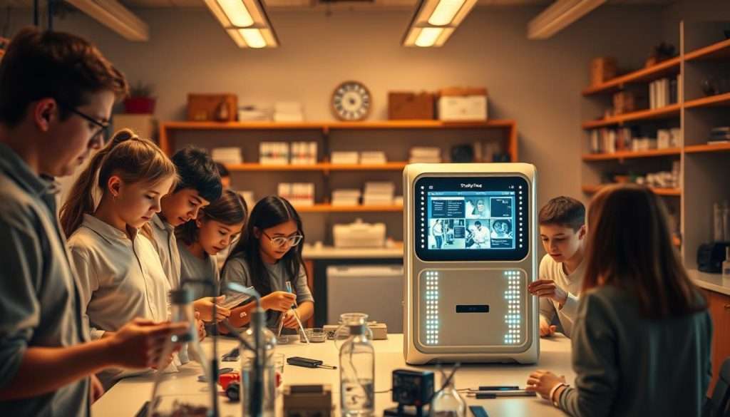 A bustling laboratory setting, bathed in warm, incandescent lighting. In the foreground, a group of students engage in hands-on experiments, their faces alight with wonder and discovery. Amidst the activity, a sleek, futuristic device dubbed the "Studying Machine" stands as the centerpiece, its LED-lit panels and streamlined design hinting at its advanced capabilities. In the middle ground, shelves of scientific equipment and reference materials line the walls, suggesting an environment rich in resources and opportunities for learning. The background fades into a soft, blurred perspective, allowing the focus to remain on the dynamic, experiential nature of the scene. An atmosphere of curiosity, collaboration, and a thirst for knowledge permeates the space, capturing the essence of effective, immersive learning.