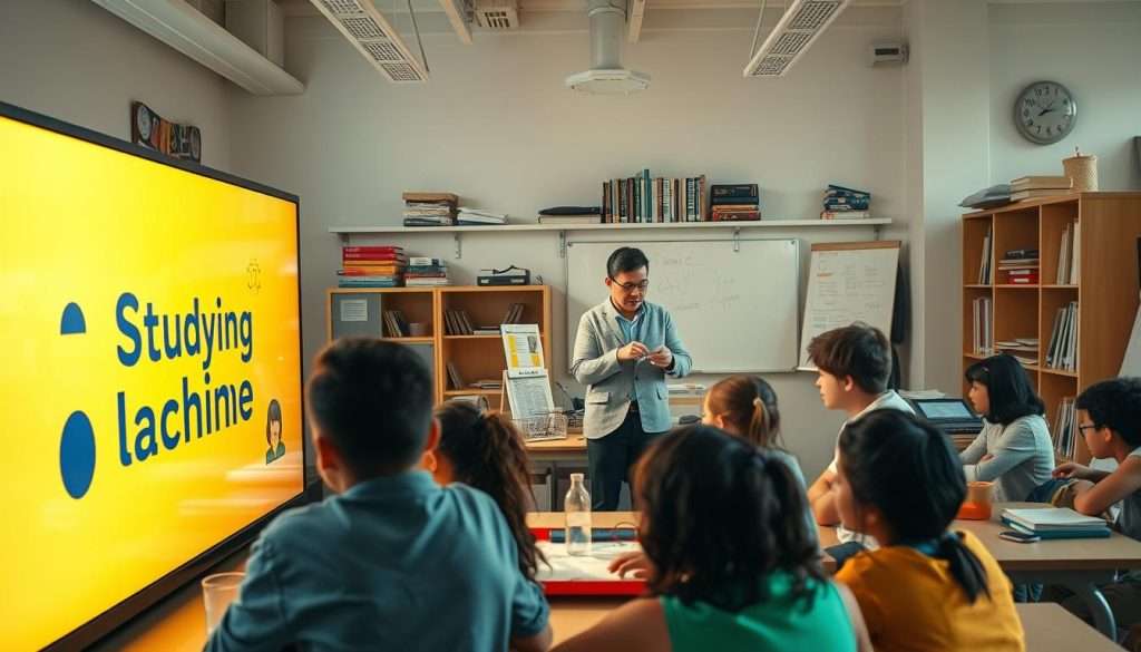 A classroom setting with students engaged in various educational activities, surrounded by the tools and technologies of modern educational psychology. In the foreground, a diverse group of students collaborating on a project, their faces lit by the warm glow of a large touchscreen display branded "Studying Machine". In the middle ground, a teacher guiding a hands-on experiment, encouraging critical thinking and problem-solving. The background features bookshelves, whiteboards, and other educational accoutrements, all bathed in soft, natural lighting that evokes a sense of discovery and learning.