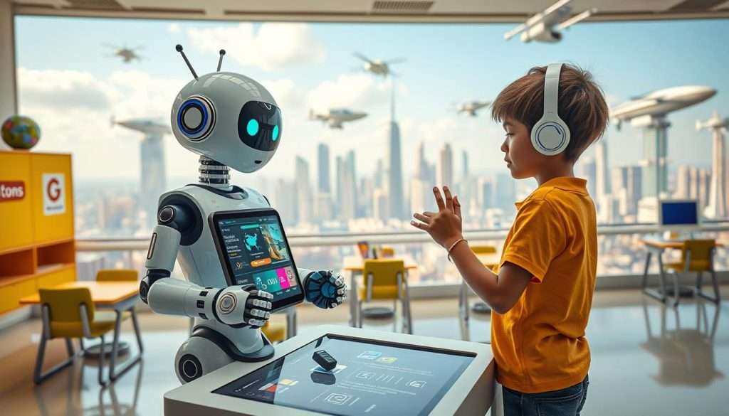 A colorful, dynamic scene of a "Studying Machine" gamifying the learning process. In the foreground, a whimsical, humanoid robot guides a student through an engaging, game-like interface, complete with interactive elements and visual feedback. The middle ground features a vibrant, futuristic classroom setting, with desks, chairs, and educational props levitating or moving in sync with the learning experience. In the background, a panoramic cityscape of gleaming skyscrapers and hover-vehicles sets the stage for a technologically advanced, immersive educational environment. Bright, diffused lighting casts a warm, inviting glow, while the composition conveys a sense of wonder, discovery, and the seamless integration of learning and entertainment. Prompt