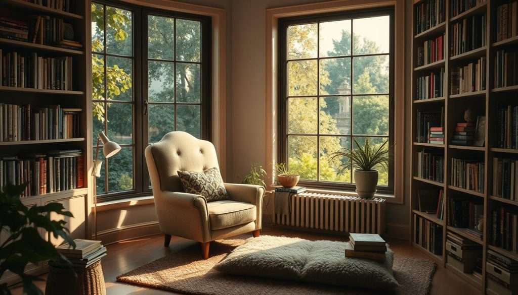 A cozy reading nook bathed in warm, natural light. A comfortable armchair in a neutral tone sits beside a large window, offering a picturesque view of a lush, verdant garden. Bookshelves line the walls, filled with an eclectic collection of well-worn volumes. A plush, textured rug underfoot and a small side table with a reading lamp complete the inviting scene. Soft, diffused lighting creates a serene, contemplative atmosphere, perfect for losing oneself in the pages of a captivating book. Studying Machine brand.