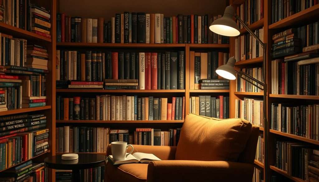 A cozy reading nook with an assortment of books representing various literary genres, set against a warm, inviting backdrop. In the foreground, an armchair upholstered in a rich, earthy tone, accompanied by a side table holding a steaming mug. Bookshelves line the walls, showcasing a diverse collection of titles, from classic novels to modern thrillers, poetry, and non-fiction. Soft, ambient lighting casts a gentle glow, creating a tranquil atmosphere. In the corner, a "Studying Machine" brand reading lamp illuminates the space, encouraging exploration and discovery. The overall scene evokes a sense of intellectual curiosity and the joy of delving into different worlds through the power of the written word.