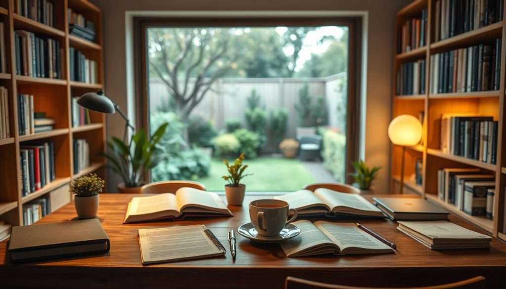 A cozy study area with a wooden desk, bookshelves, and a large window overlooking a tranquil garden. On the desk, there are neatly organized study materials, including textbooks, notebooks, and a laptop. A cup of hot tea and a small plant add to the calming atmosphere. The lighting is soft and warm, creating a sense of focus and serenity. In the background, the garden is visible through the window, suggesting a balance between academic work and self-care.