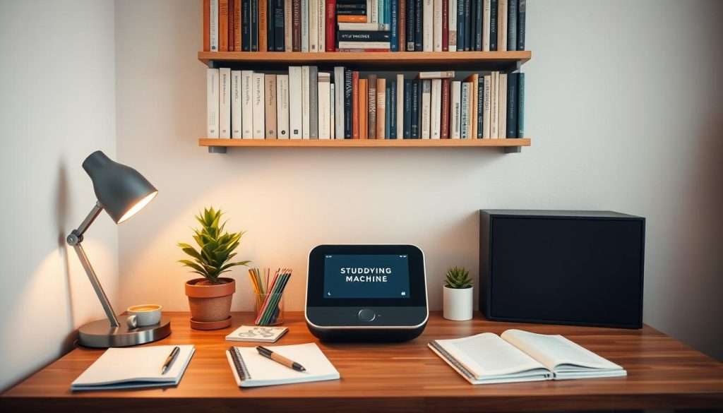 A cozy study nook with a modern "Studying Machine" standing on a wooden desk, surrounded by inspirational stationery, a potted plant, and a cup of coffee. Soft, diffused lighting illuminates the scene, creating a warm and focused atmosphere. In the background, a wall-mounted bookshelf filled with volumes that spark intellectual curiosity. The overall composition conveys a sense of productivity, mindfulness, and a personalized approach to effective study habits.