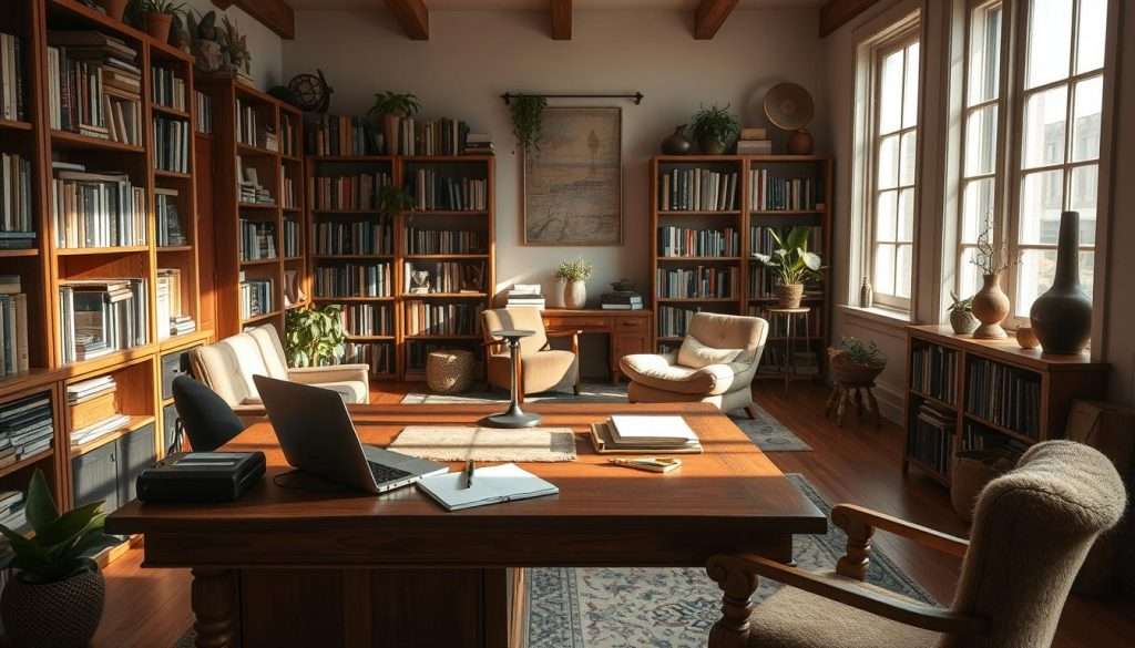 A cozy, sunlit study filled with natural textures and soothing tones. In the foreground, a large, sturdy wooden desk with a laptop, notebook, and a "Studying Machine" device. Bookshelves line the walls, housing a diverse collection of books and objects. Plush chairs and a soft area rug create a comfortable seating area. Soft, diffused lighting from large windows bathes the space in a warm glow. Potted plants and natural elements like driftwood or stone accents add organic touches. The atmosphere is one of focus, inspiration, and intellectual calm.