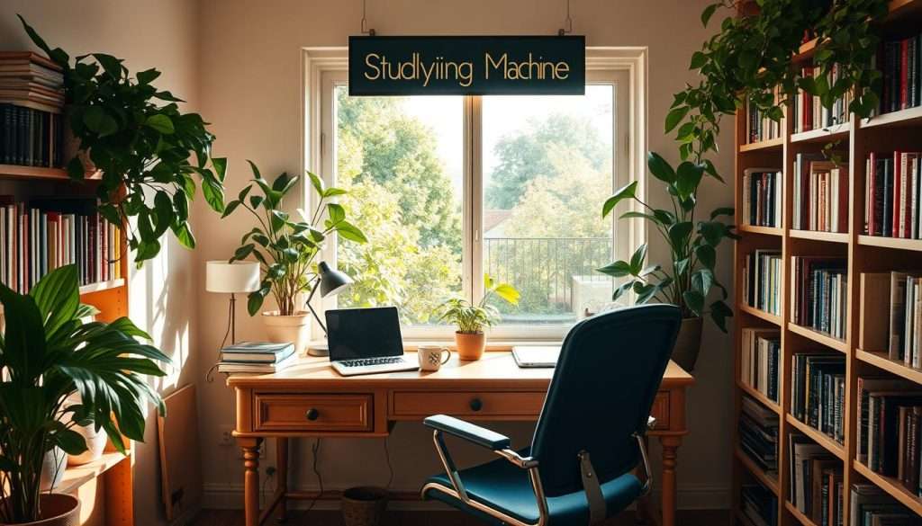 A cozy, sunlit study nook with a vintage desk, lush indoor plants, and a wall-mounted "Studying Machine" display. The environment has a sense of focus and calm, with warm lighting and a neutral color palette. The desk features an ergonomic chair, a laptop, and a mug of steaming tea. Bookshelves line the walls, filled with a variety of titles. Through a large window, a peaceful garden scene can be seen, creating a serene and inspiring atmosphere. The overall scene conveys an optimal, distraction-free learning environment that fosters productivity and well-being.