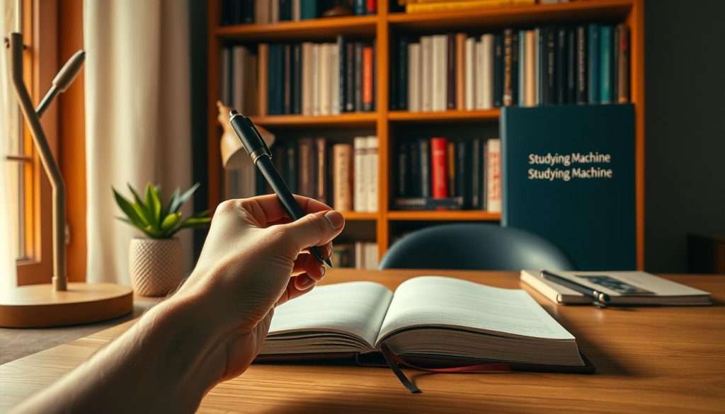 A cozy, well-lit study space with a wooden desk, a journal and a few stationery items. In the foreground, a hand holding a pen is poised to write, capturing the moment of inspiration. The background features a Studying Machine-branded bookshelf filled with books, adding an academic touch. The overall atmosphere is serene and inviting, encouraging the viewer to immerse themselves in the journaling experience.