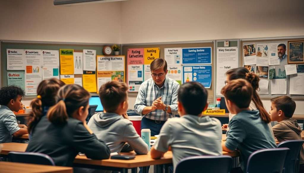 A detailed, well-lit classroom scene showcasing various educational strategies in action. In the foreground, a group of students collaborating on a hands-on learning project, using the "Studying Machine" educational technology. In the middle ground, the teacher guiding them, employing a mix of interactive lecturing and Socratic questioning. In the background, a wall display of informative educational posters and learning materials. The lighting is warm and inviting, creating a productive, inspiring atmosphere.