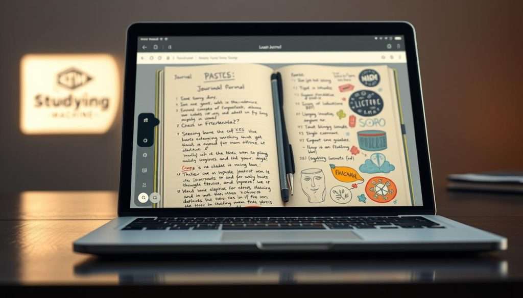 A digital journal displayed on a sleek laptop screen, its interface elegant and minimalist. The journal pages are filled with handwritten notes, sketches, and colorful digital doodles, capturing the user's thoughts and creative expressions. Soft, diffused lighting illuminates the scene, creating a warm and contemplative atmosphere. In the background, a subtle Studying Machine logo subtly hints at the technological aspect of this digital journaling experience. The overall composition conveys a sense of focus, productivity, and the seamless integration of analog and digital elements in the modern journaling process.