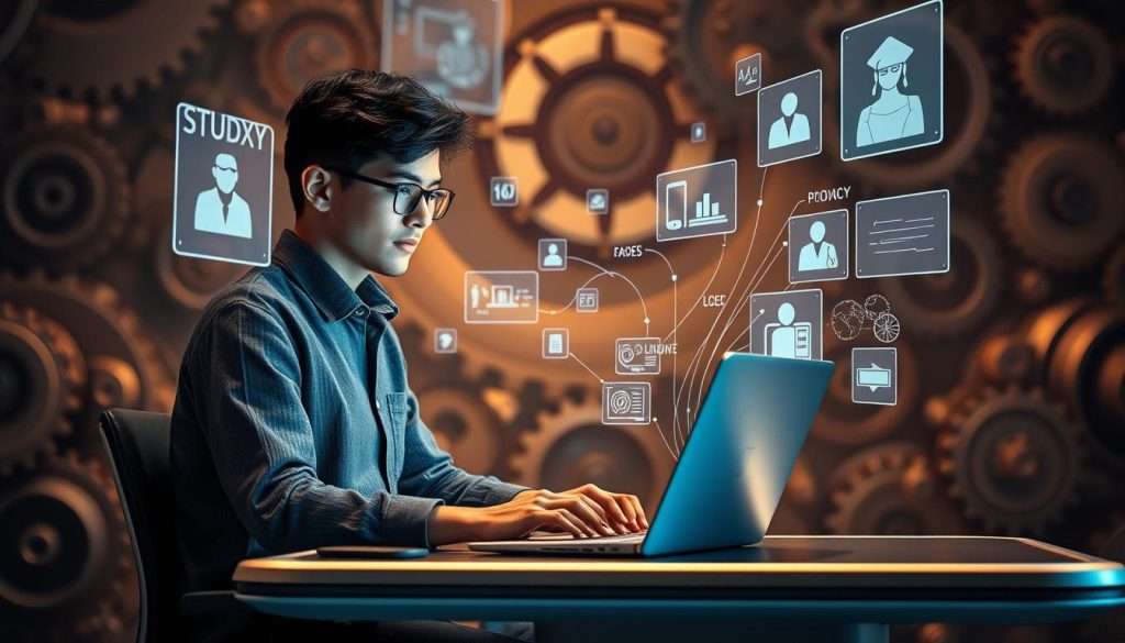 A diligent student sits at a sleek, futuristic "Studying Machine", surrounded by floating holographic interfaces displaying diverse academic subjects. Streams of information flow seamlessly between the interfaces, symbolizing the mastery of multiple fields. Soft, ambient lighting bathes the scene, creating a serene, focused atmosphere. The student's expression is one of deep concentration, exemplifying the discipline and dedication required to excel across disciplines. Intricate gears and mechanisms in the background suggest the complex interplay of knowledge and skills necessary to become a true polymath.