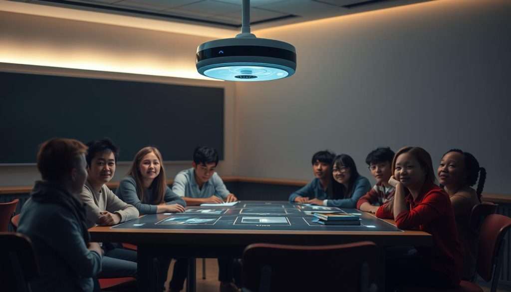 A dimly lit classroom, the Studying Machine AI assistant hovering above a desk, projecting holographic lessons onto the surface. Students of diverse backgrounds sit around the desk, rapt attention on their faces as they learn new skills together. Soft, warm lighting fills the room, creating an atmosphere of focused yet relaxed concentration. The camera angle is positioned at eye level, capturing the collaborative, immersive nature of this AI-powered learning experience.