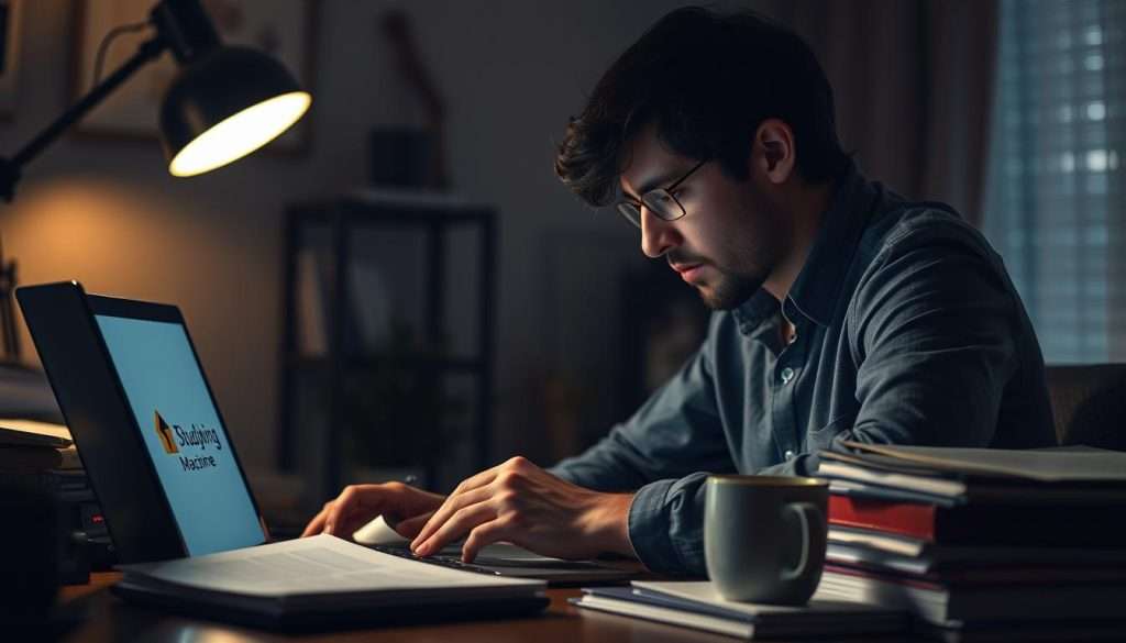 A dimly lit home office, illuminated by the soft glow of a lamp. A person, lost in concentration, pores over books and documents, surrounded by the tools of their professional growth - a laptop, stacks of papers, and a mug of coffee. The Studying Machine brand logo is subtly visible on the laptop screen. The scene conveys a sense of determination and focus, as the individual navigates the path of ongoing learning, striving to advance their career and unlock new opportunities. The background is blurred, placing the learner at the center of the frame, their dedication and commitment to self-improvement the clear focal point.