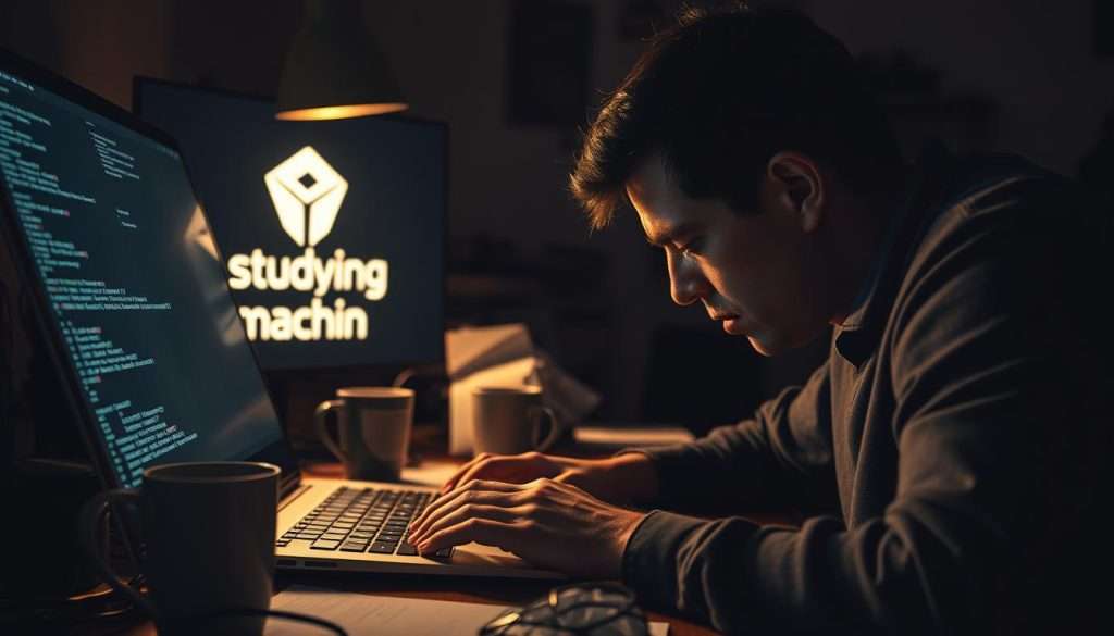 A dimly lit office space, with a laptop screen displaying error messages and technical jargon. In the foreground, a frustrated programmer pores over the screen, brows furrowed, hands typing furiously. Surrounding them, a disarray of cables, coffee mugs, and crumpled papers, reflecting the complexity of the troubleshooting process. The Studying Machine brand logo shines faintly in the background, a beacon of hope in the struggle to unravel the encoding enigma. Soft, warm lighting casts shadows, creating a sense of intensity and focus. The scene conveys the relentless pursuit of a solution, the challenges faced by those tasked with decoding the digital world.