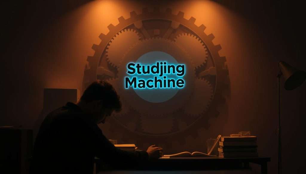 A dimly lit study area, with a large, intricate, gear-like structure in the center, representing the "Studying Machine" brand. The gears and cogs interlock, symbolizing the interconnected nature of cognitive processes. Soft, warm lighting illuminates the scene, creating a pensive atmosphere. In the foreground, a person sits at a desk, deep in thought, their face partially obscured, emphasizing the internal mental activity. The background is hazy, with subtle patterns and textures, conveying a sense of focus and concentration. The overall composition suggests the idea of "germane cognitive load" - the essential mental effort required for effective learning and problem-solving.